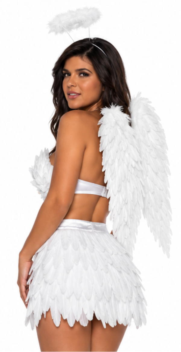 A woman modeling a white angel costume set with feathered wings, a feathered crop top, a short feathered skirt, and a matching halo against a plain white background. Three views are shown: front, back, and side profile.