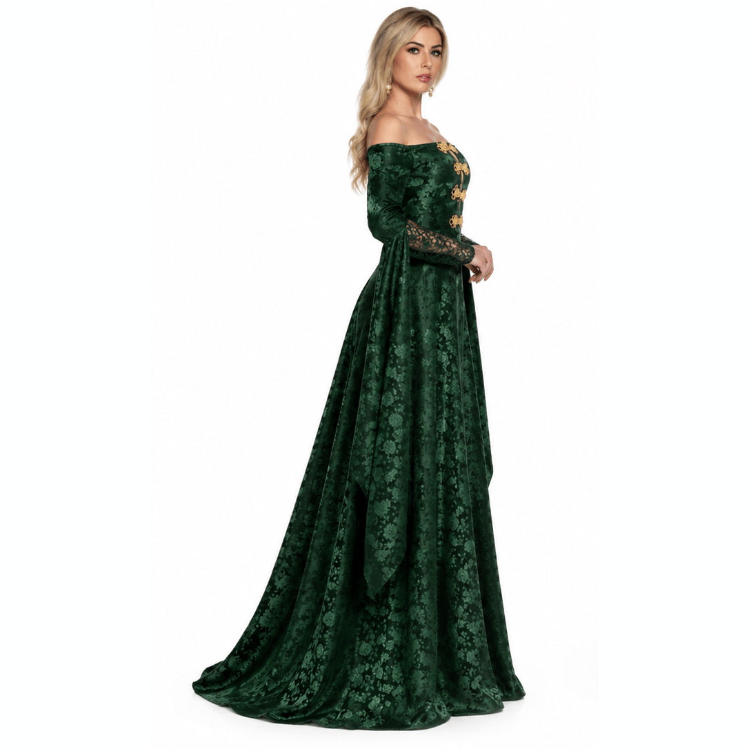 A woman modeling an off-the-shoulder long-sleeve floor-length gown in dark green floral lace, shown from both the front and back views against a plain white background.