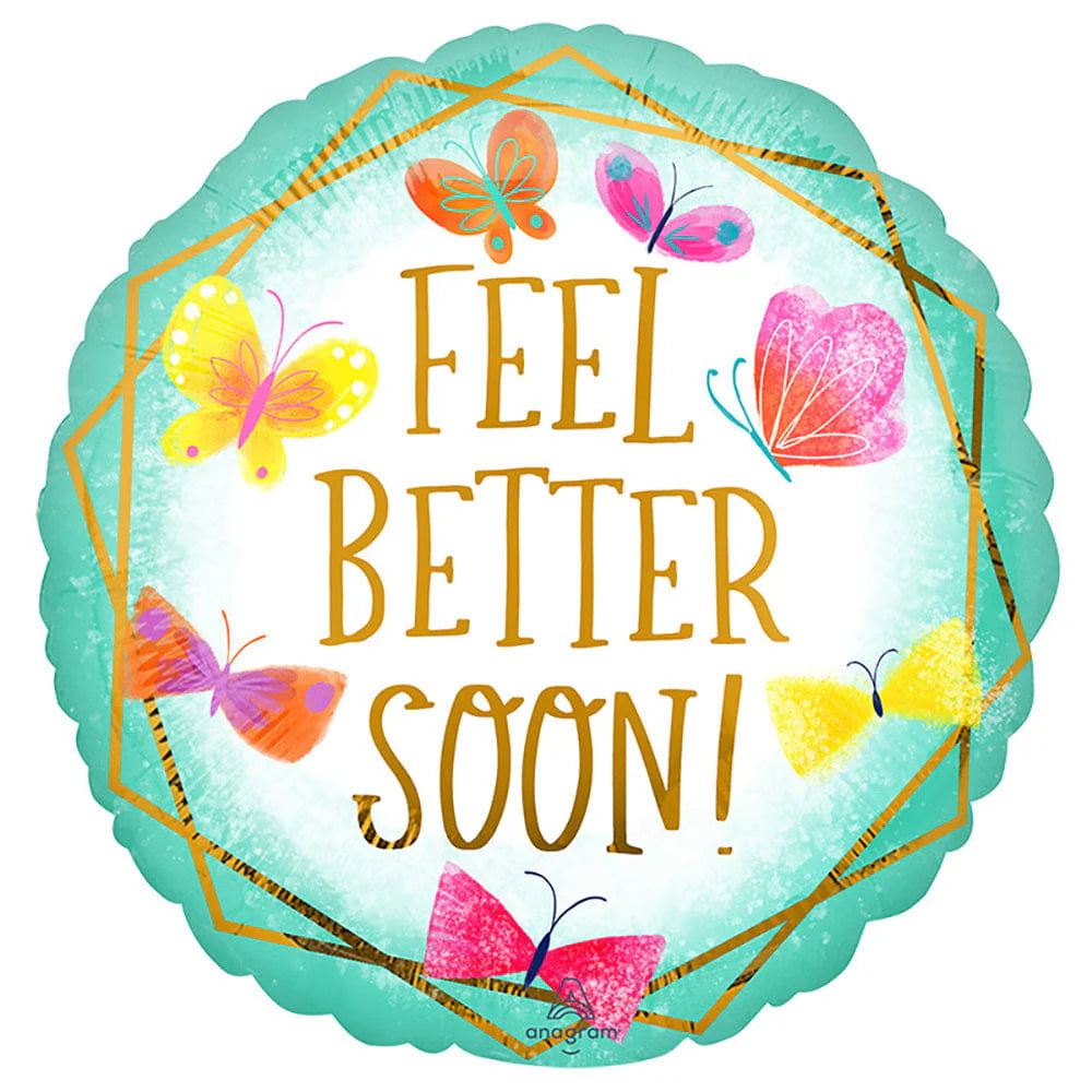 Feel Better Soon Teal & Gold Butterfly Round Foil Balloon