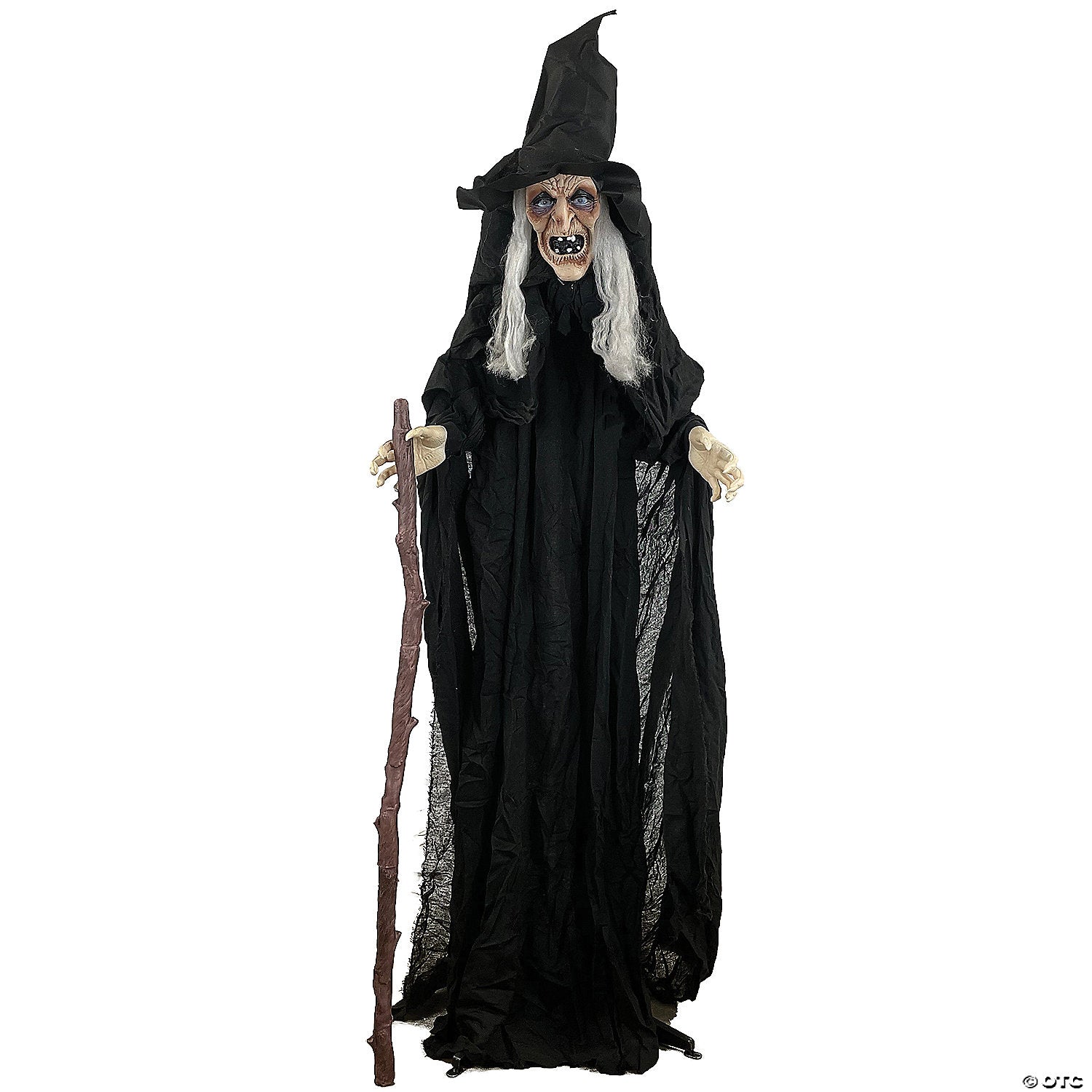 Alt text: Detailed illustration of an animated witch with a cane, wearing a long, flowing robe and pointed hat, holding a broomstick, against a spooky, moonlit background