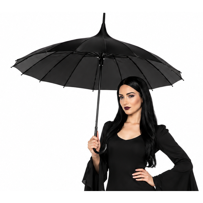 A woman modeling a black gothic-style long dress with dramatic flared bell sleeves, holding a matching black umbrella against a plain white background.