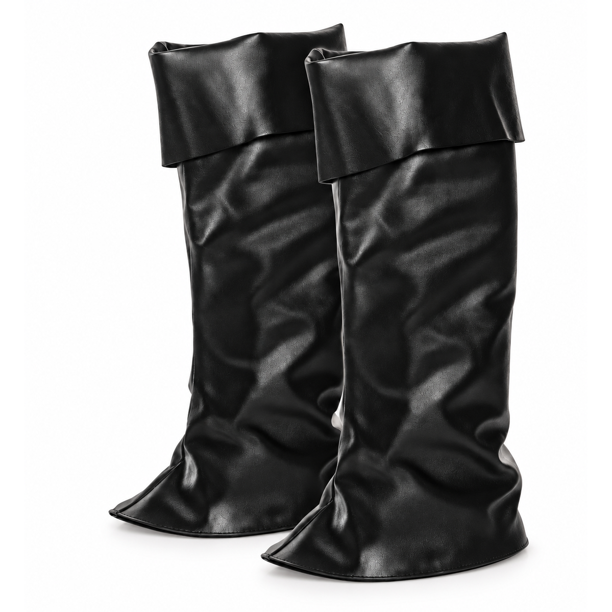 A pair of black mid-calf boots with a wide, folded cuff and a draped, gathered silhouette, shown against a plain white background.