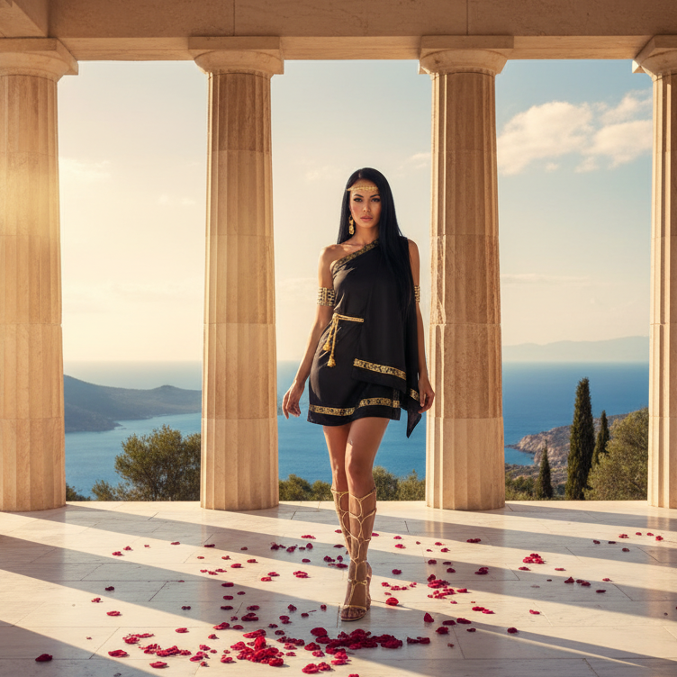 Black Toga Women's Costume - Ancient Greek Temple Background
