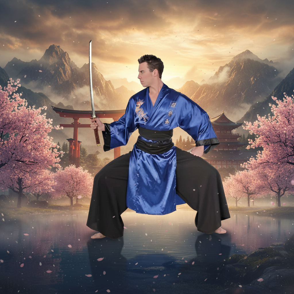 Blue Samurai Costume - Feudal Japan Background