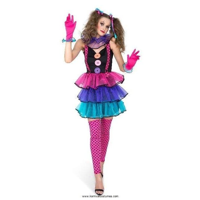 A fun and colorful Carnival Clown Girl Womens Costume with a playful design perfect for Halloween or costume parties