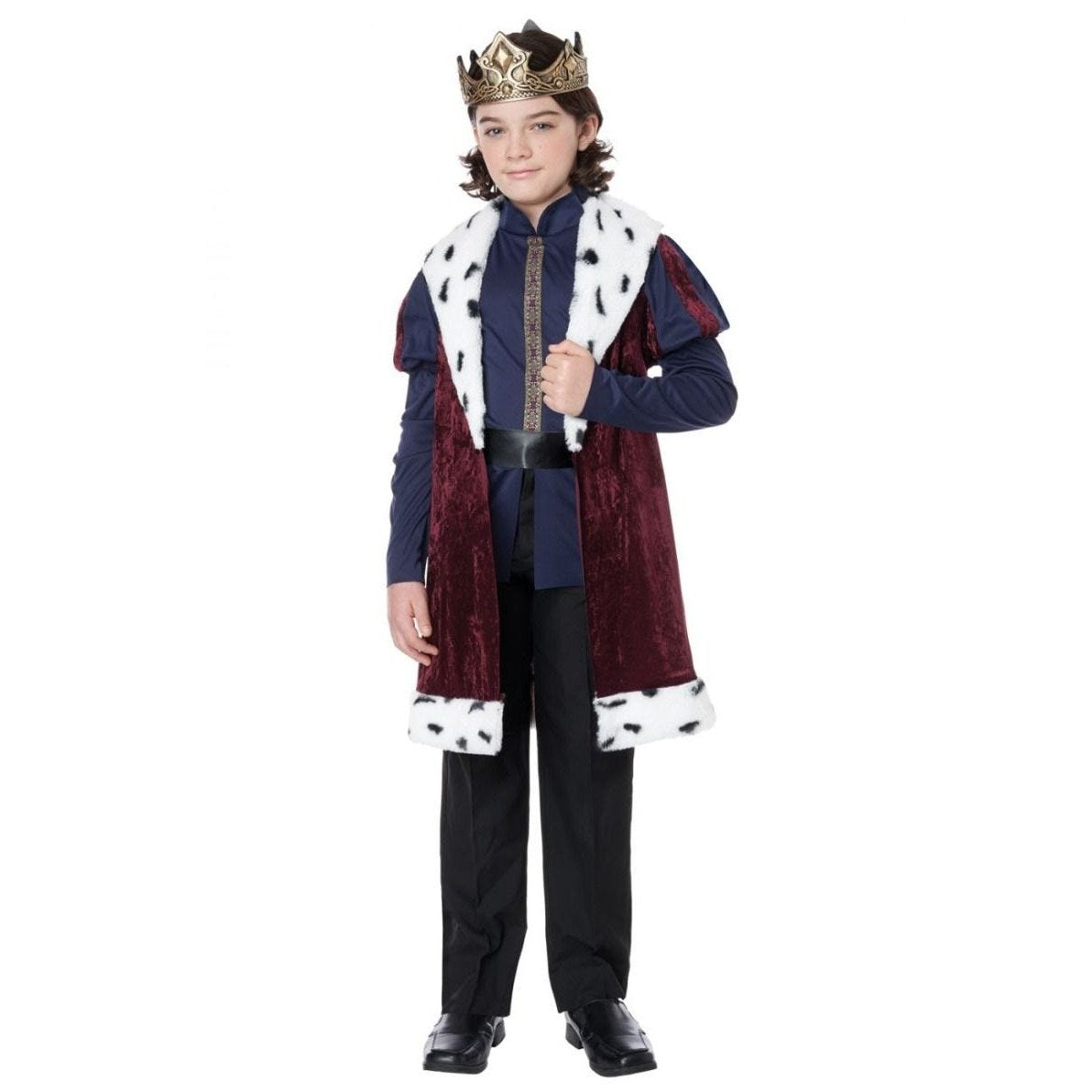 Kindhearted King Royal Renaissance Boys Costume: Young boy wearing a majestic red and gold royal costume with crown and cape, holding a scepter, standing in front of a castle backdrop