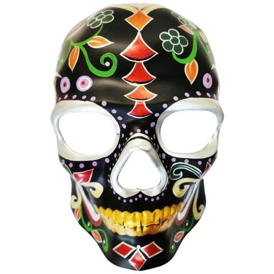 Hand-painted Black Day of the Dead Skull Mask with intricate details and vibrant colors, perfect for Halloween and Dia de los Muertos celebrations