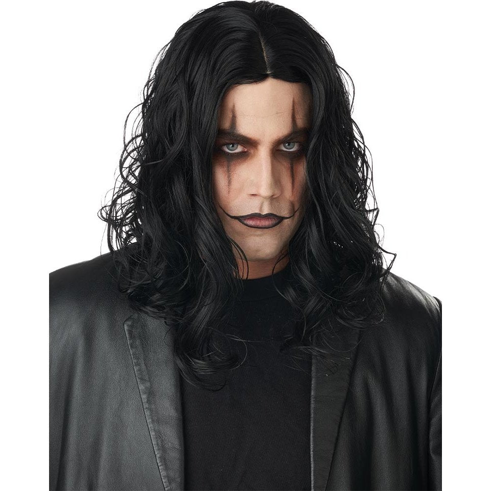 Long black wavy adult wig with side-swept bangs and natural shine