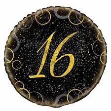 16th Birthday Black & Gold Glitter Round Foil Balloon 45cm