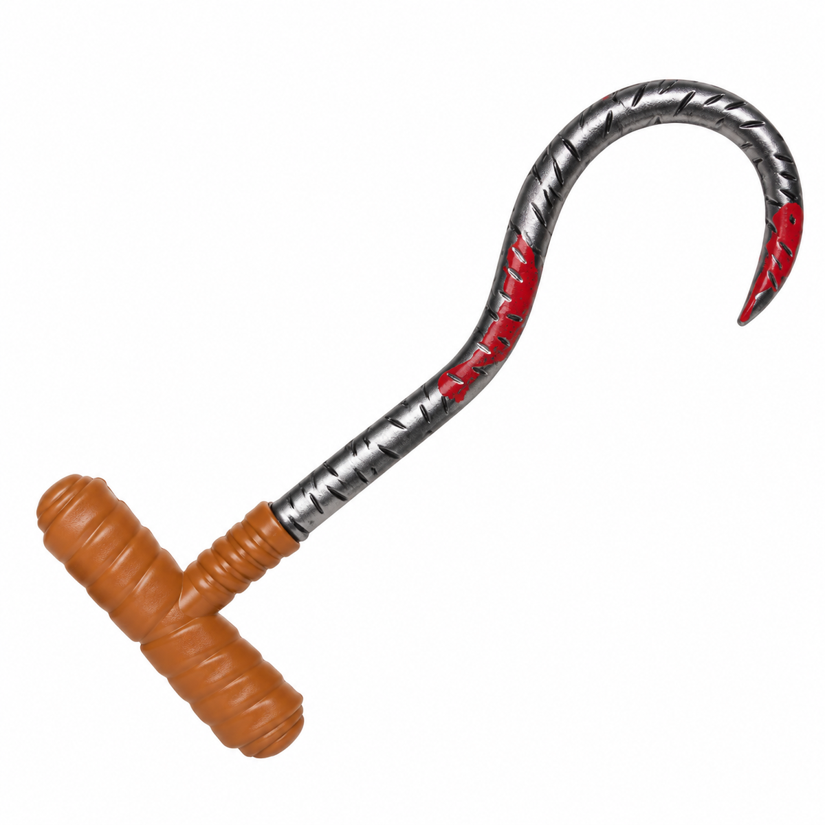 A toy pirate hook with a textured silver metal shaft, red painted accents, and a brown T-shaped handle, isolated on a white background.