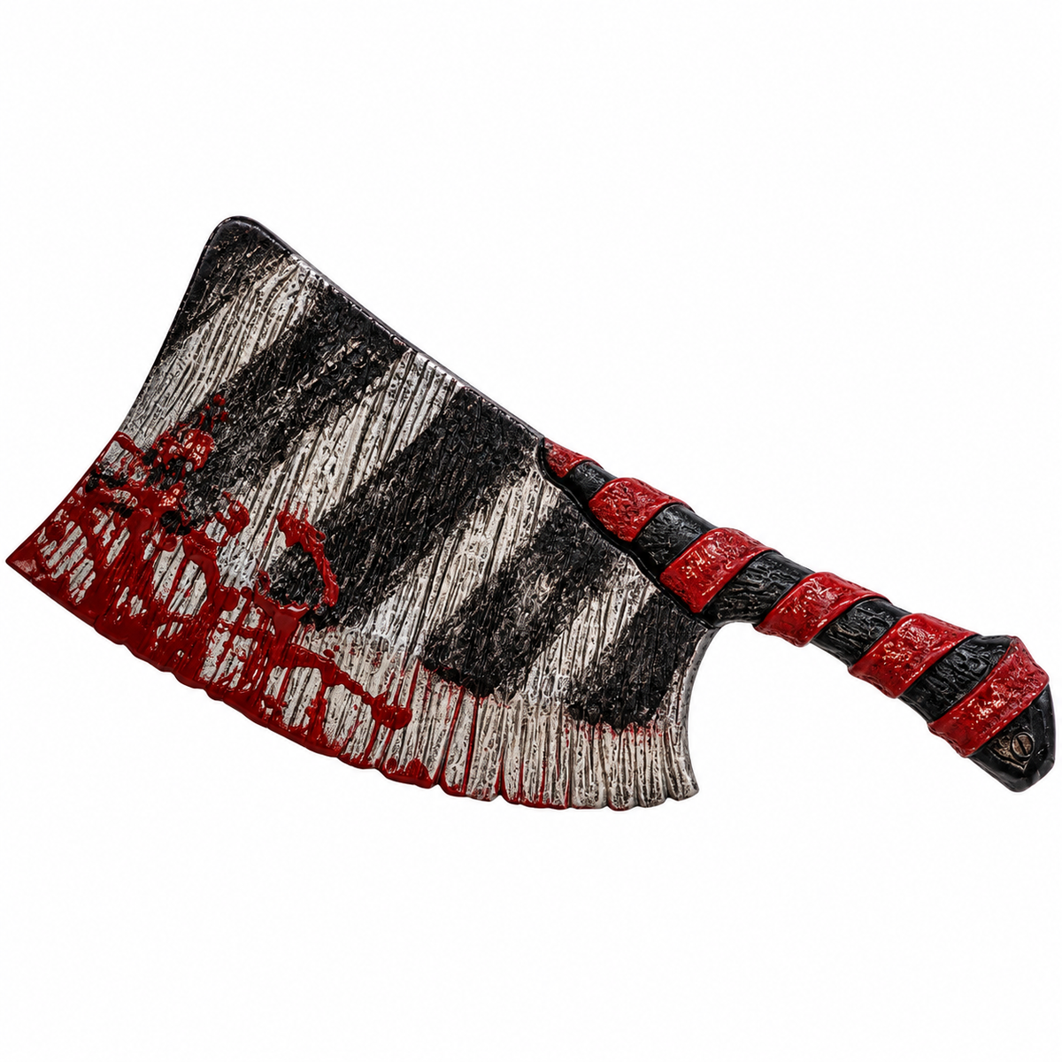 A toy or prop cleaver axe with a textured, weathered silver blade covered in red splatter, and a handle wrapped in alternating black and red sections, isolated on a white background.