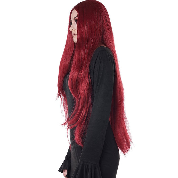 Stunning fiery red cosplay wig with cascading curls and natural-looking shine for a bold and glamorous look