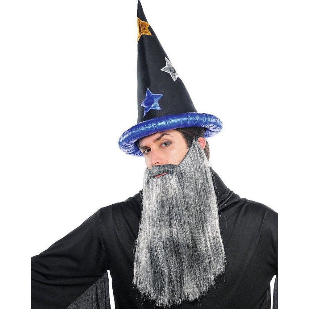 Colorful and whimsical fairytale wizard hat with stars and moons design