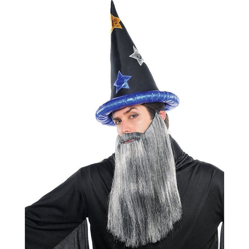 Colorful and whimsical fairytale wizard hat with stars and moons design