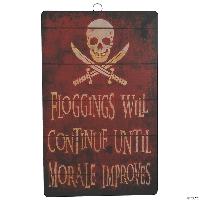 Vintage-style metal wall sign decoration with the humorous quote 'Floggings Will Continue Until Morale Improves' for home or office decor