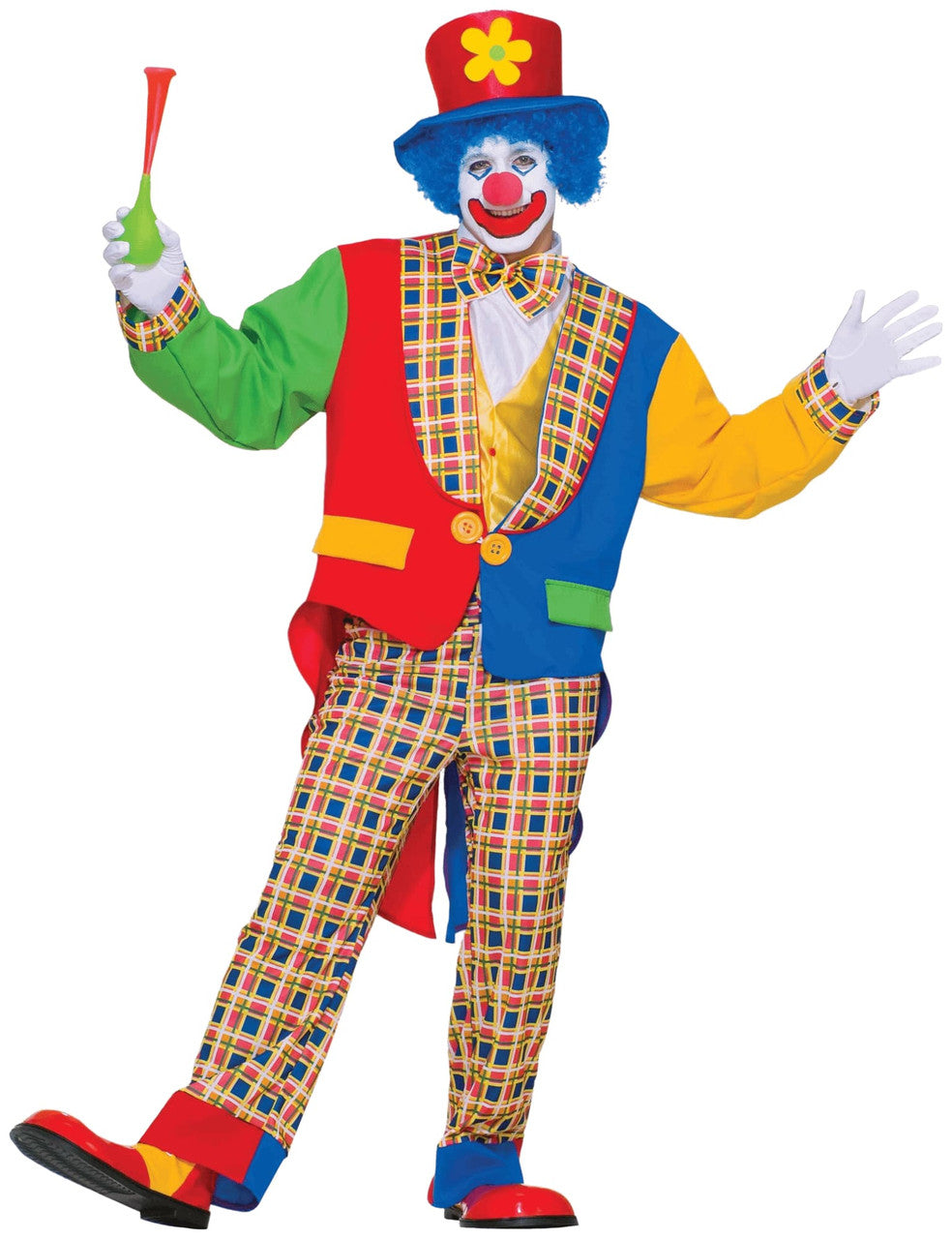 A full-body clown costume in multi-colors with ruffled collar and oversized shoes