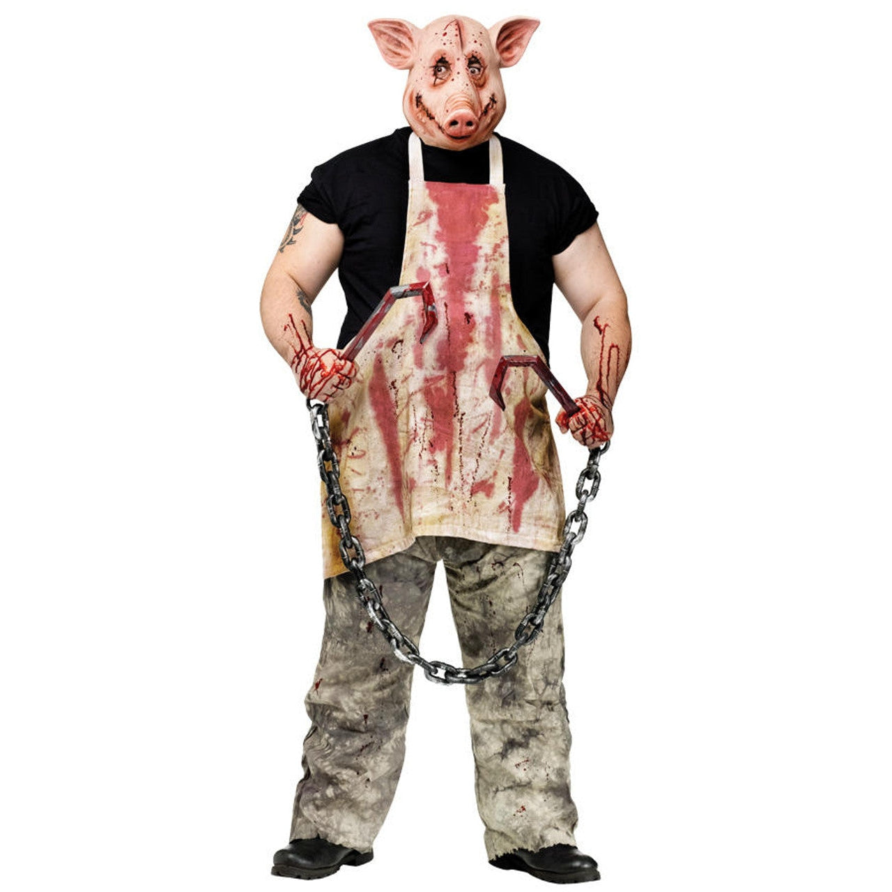 Man wearing realistic pig butcher costume with apron and cleaver