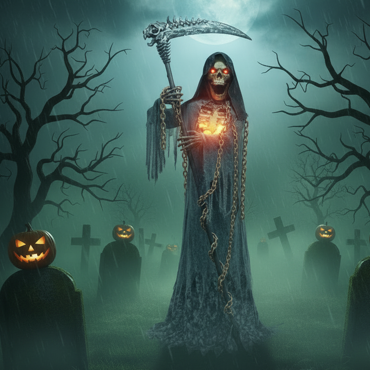 Life-Size Grim Reaper Animatronic with Light-Up Eyes & Scythe 9ft (3M)