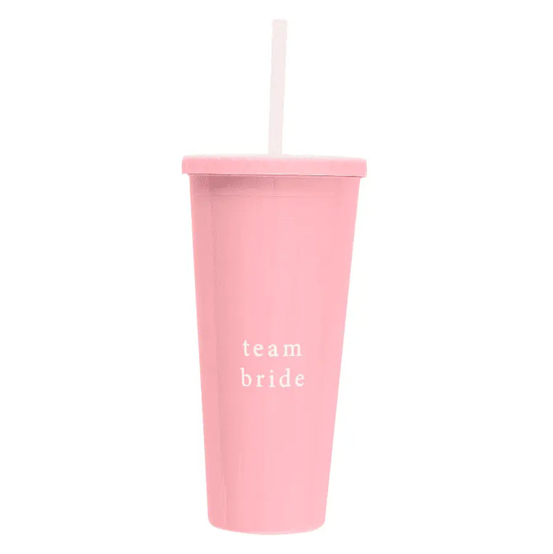 Pink plastic cup with lid and straw for Team Bride celebration