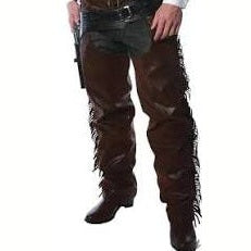 Man wearing the Cowboy Chaps Men's Costume showing the complete front view of the dark brown faux suede fringed vest and full-length fringed chaps with a grey cowboy hat black boots and a toy gun holster on a white background