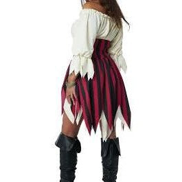 Sultry Sea Pirate Women's Costume – front view with model holding gold sword, wearing cream off-shoulder blouse with jagged trim, red and black striped corset skirt, and skull bandana headband
