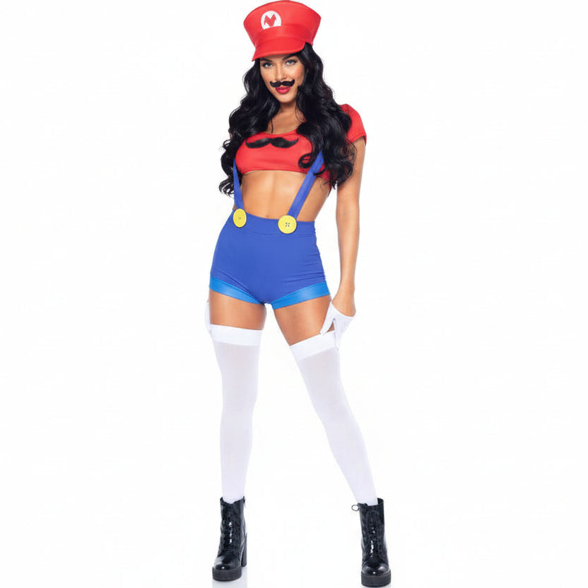 Gamer Sidekick Sexy Costume With Hat-Red/Blue