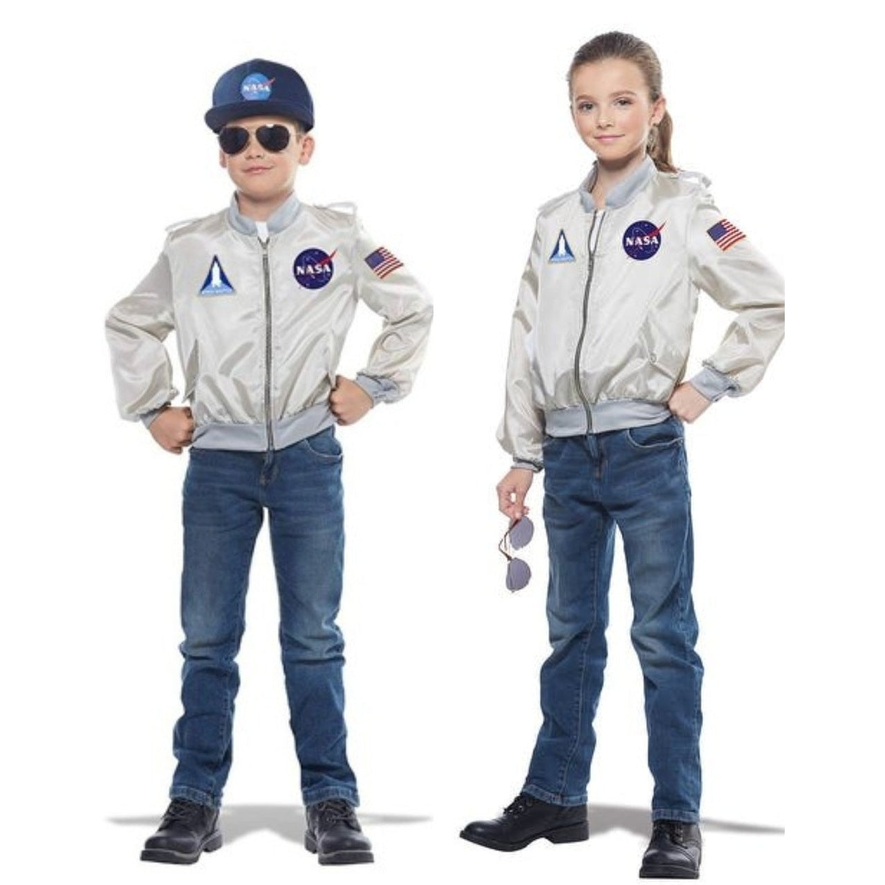 Child wearing NASA Silver Flight Jacket costume with authentic patches and zipper
