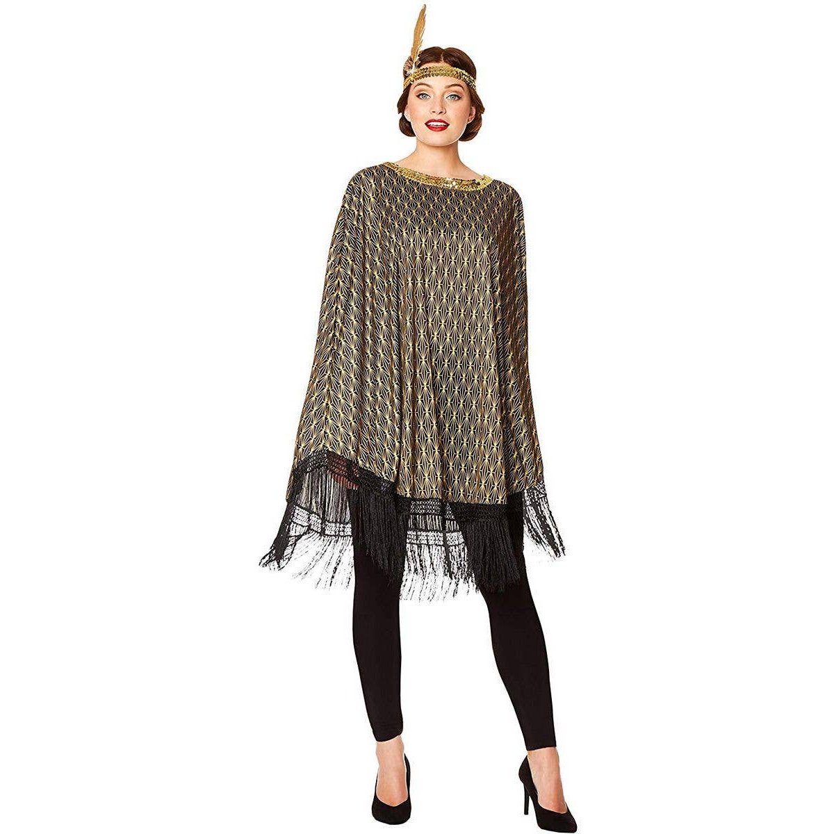 A woman wearing a black fringe poncho and matching headband, a Great Gatsby inspired costume