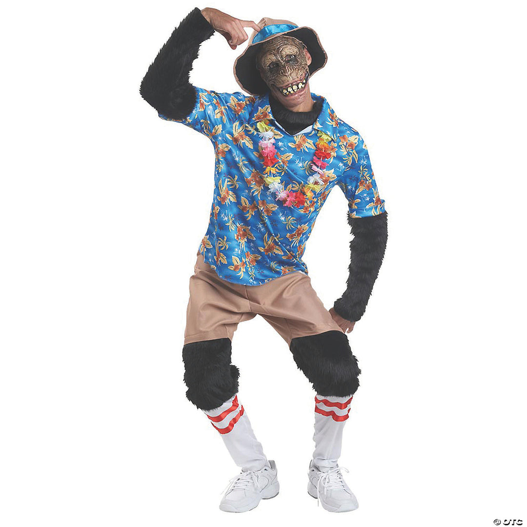 Smiling man wearing a realistic chimpanzee costume for a fun tourist look