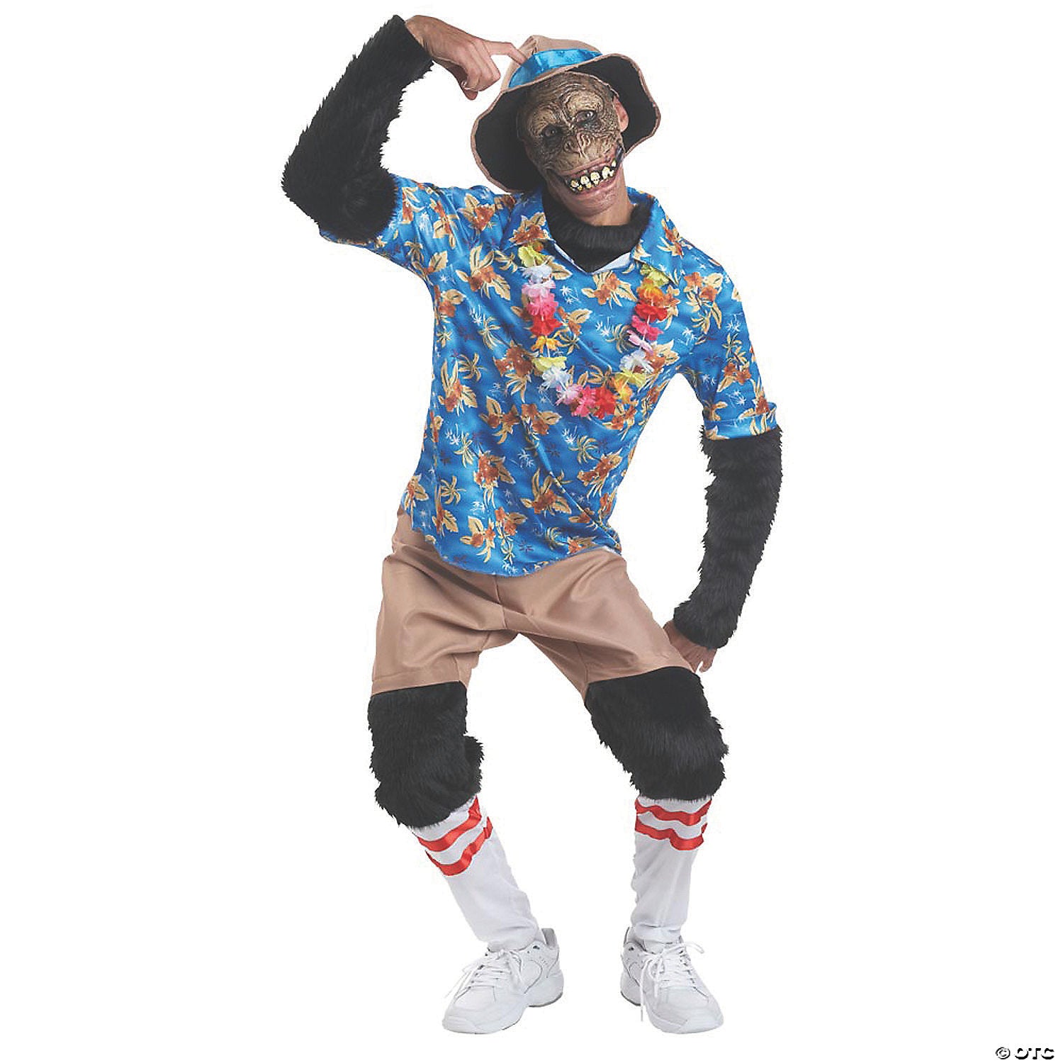 Smiling man wearing a realistic chimpanzee costume for a fun tourist look