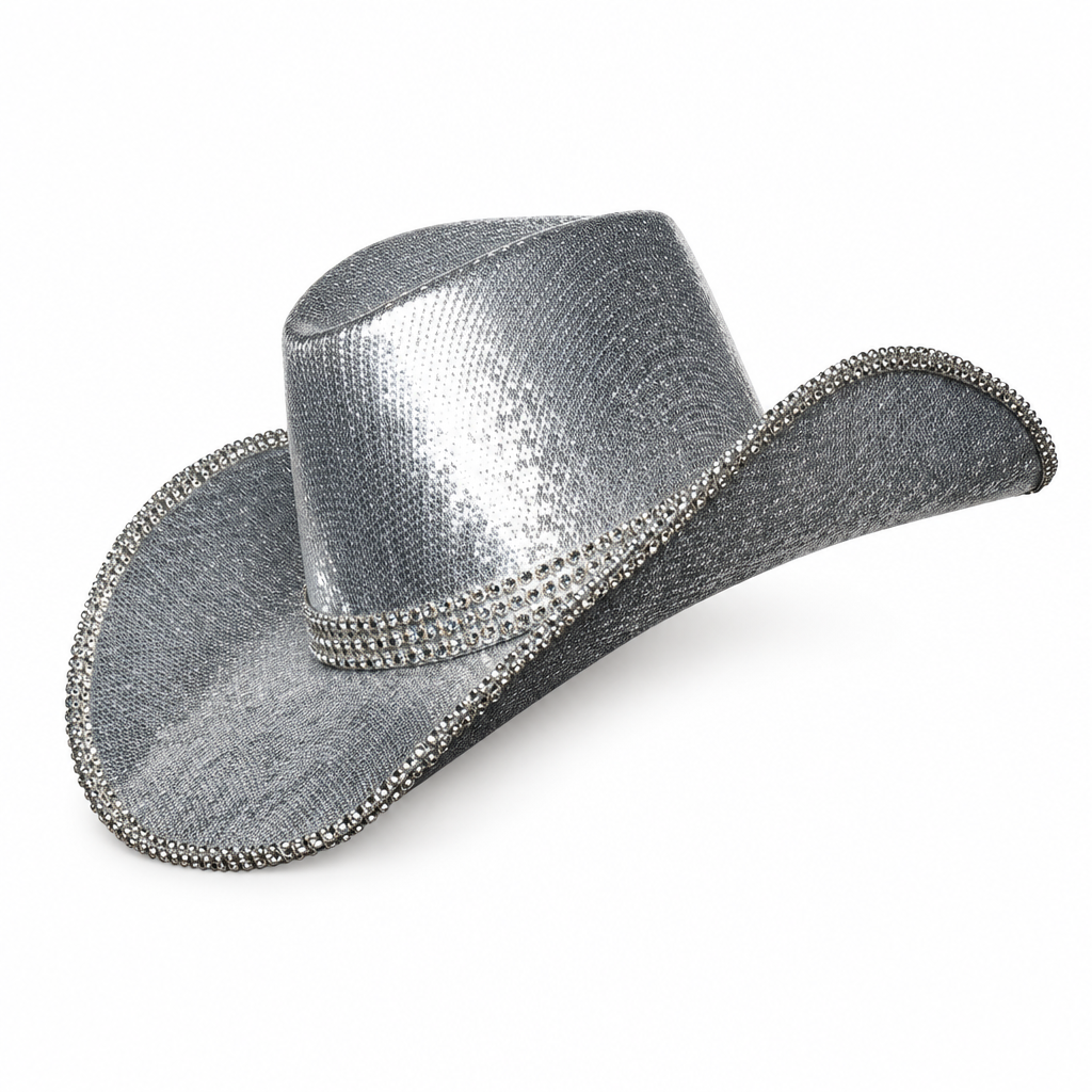 Metallic silver cowboy hat with rhinestone trim on a white background