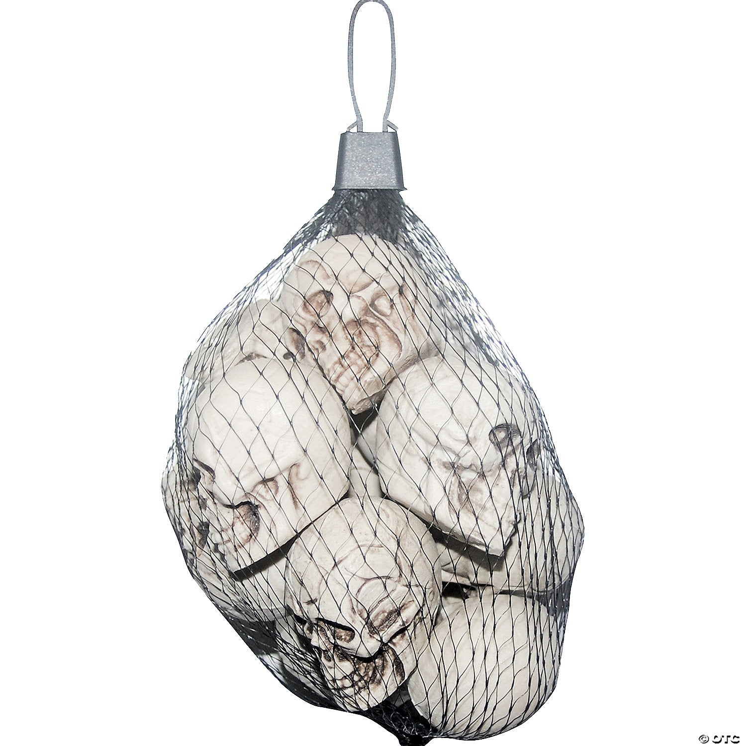 A close-up image of a bag filled with small plastic skulls, perfect for Halloween decorations and crafts