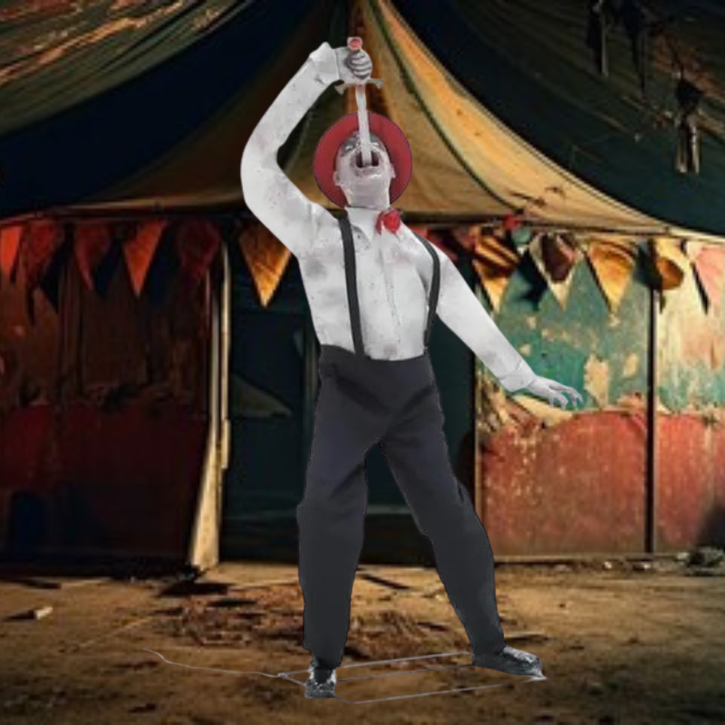 6ft animated Halloween prop of a sword swallower with realistic movements