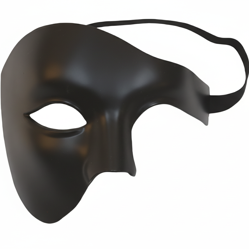 A matte black masquerade mask with an eye cutout and a thin black elastic strap, shown against a plain white background.