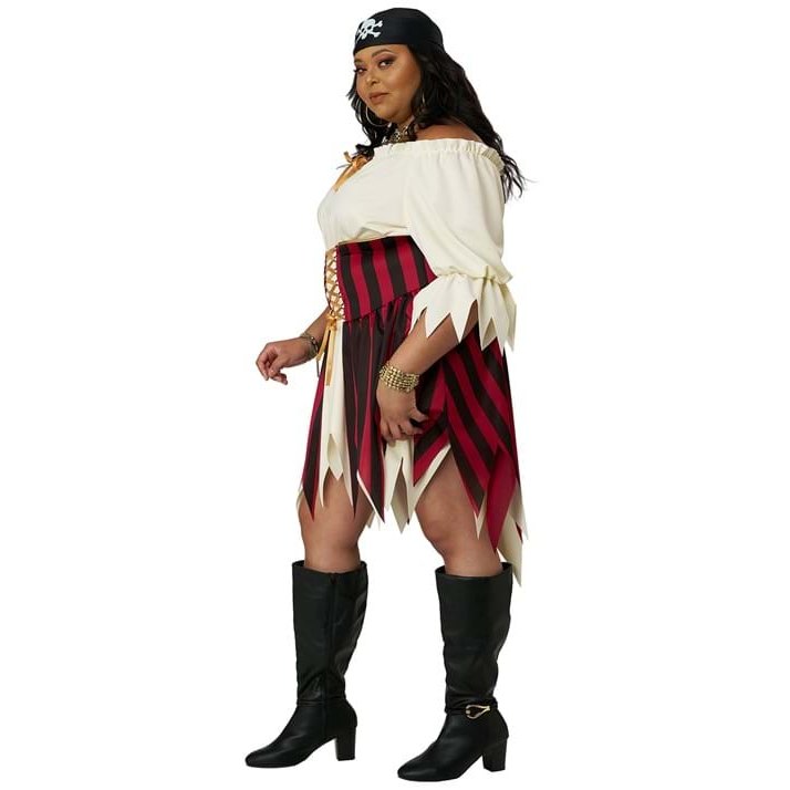 Sultry Sea Pirate Adult Plus Women's Costume – front view with model holding gold sword, wearing cream off-shoulder top, red and black corset skirt, and skull bandana