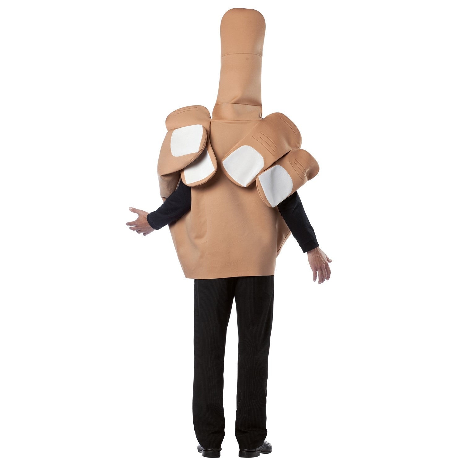 A person wearing The Middle Finger Costume with a raised hand gesture