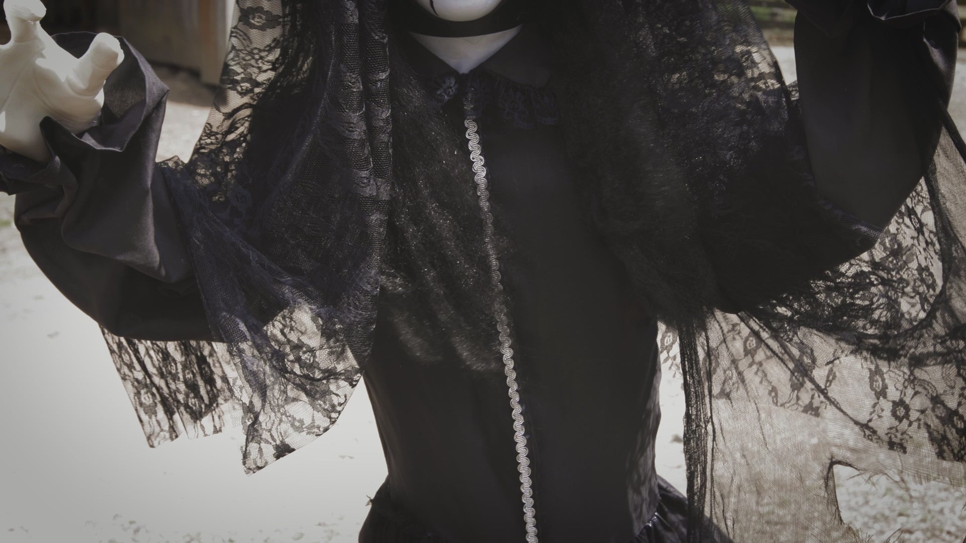 Load video: 5 Ft. 6" Jaw-Dropping Scary Bride with Black Dress Standing Prop