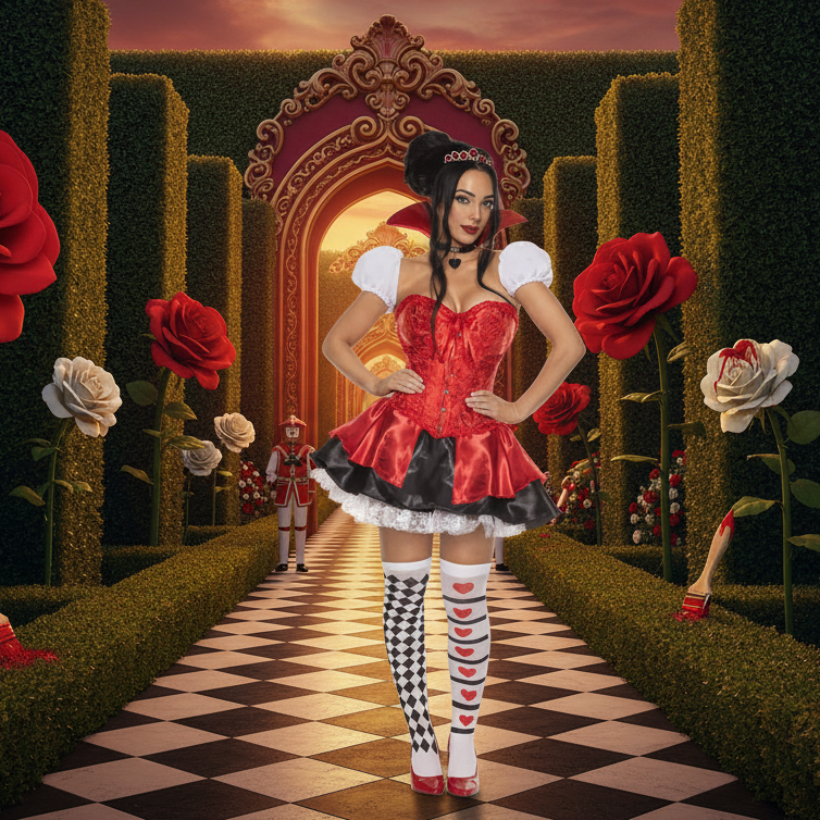 Queen of Hearts Women's Costume - Wonderland Garden Maze Background