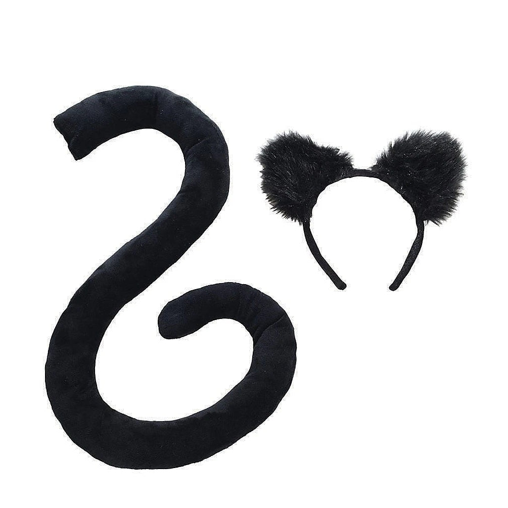 Black faux fur costume accessory set featuring a long curved tail and a headband with fluffy cat ears, displayed on a solid white background.