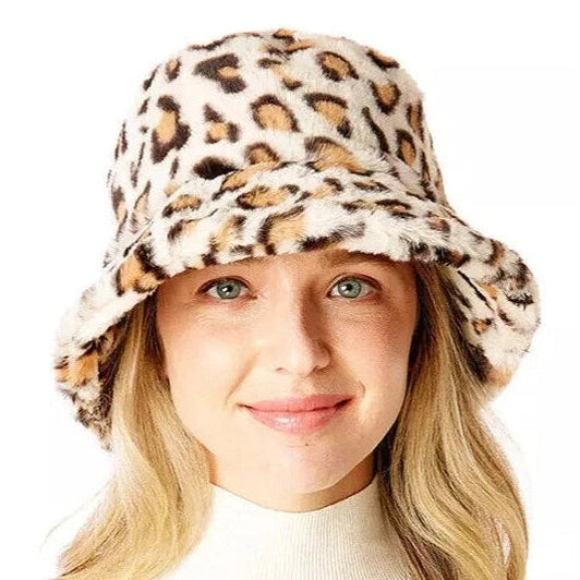 Furry Leopard Print Bucket Hat
