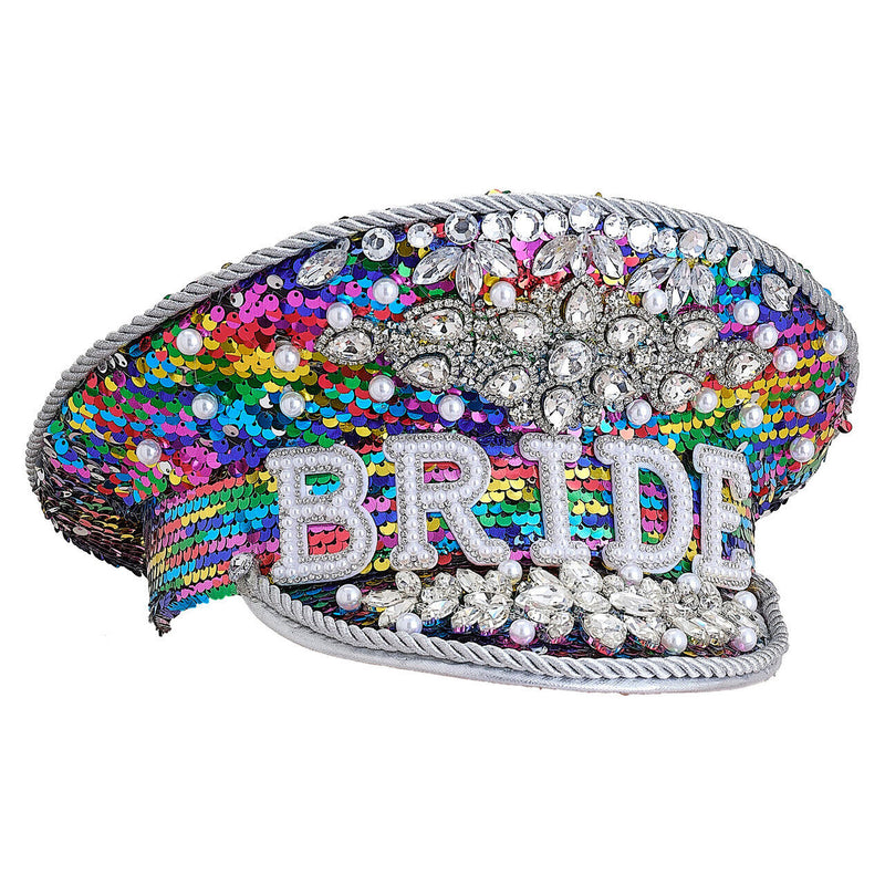 Bride To Be Hat Rainbow Rhinestone Cap, a trendy and eye-catching cap perfect for the bride-to-be, with a vibrant rainbow color scheme and dazzling rhinestone embellishments