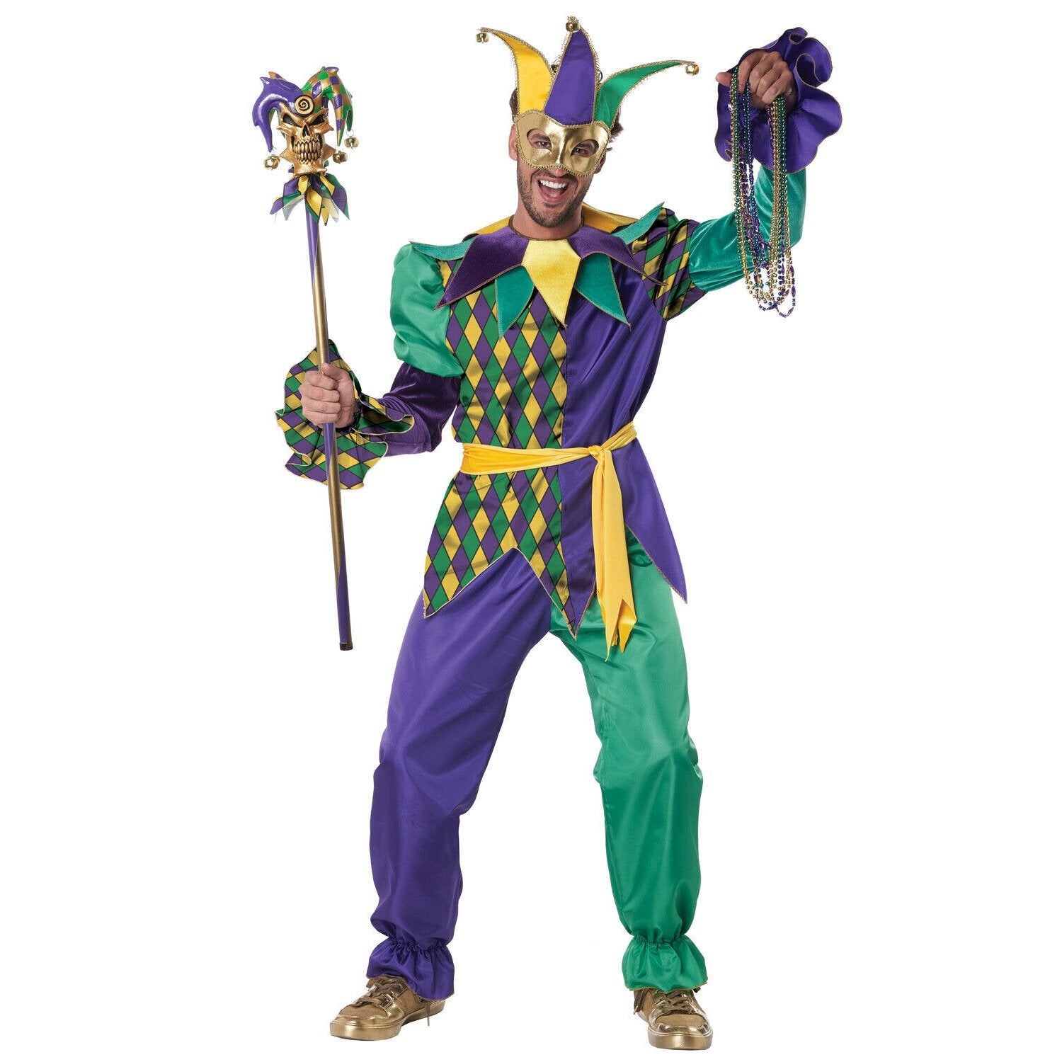 A vibrant and eye-catching Deluxe Mardi Gras Jester Men's Costume