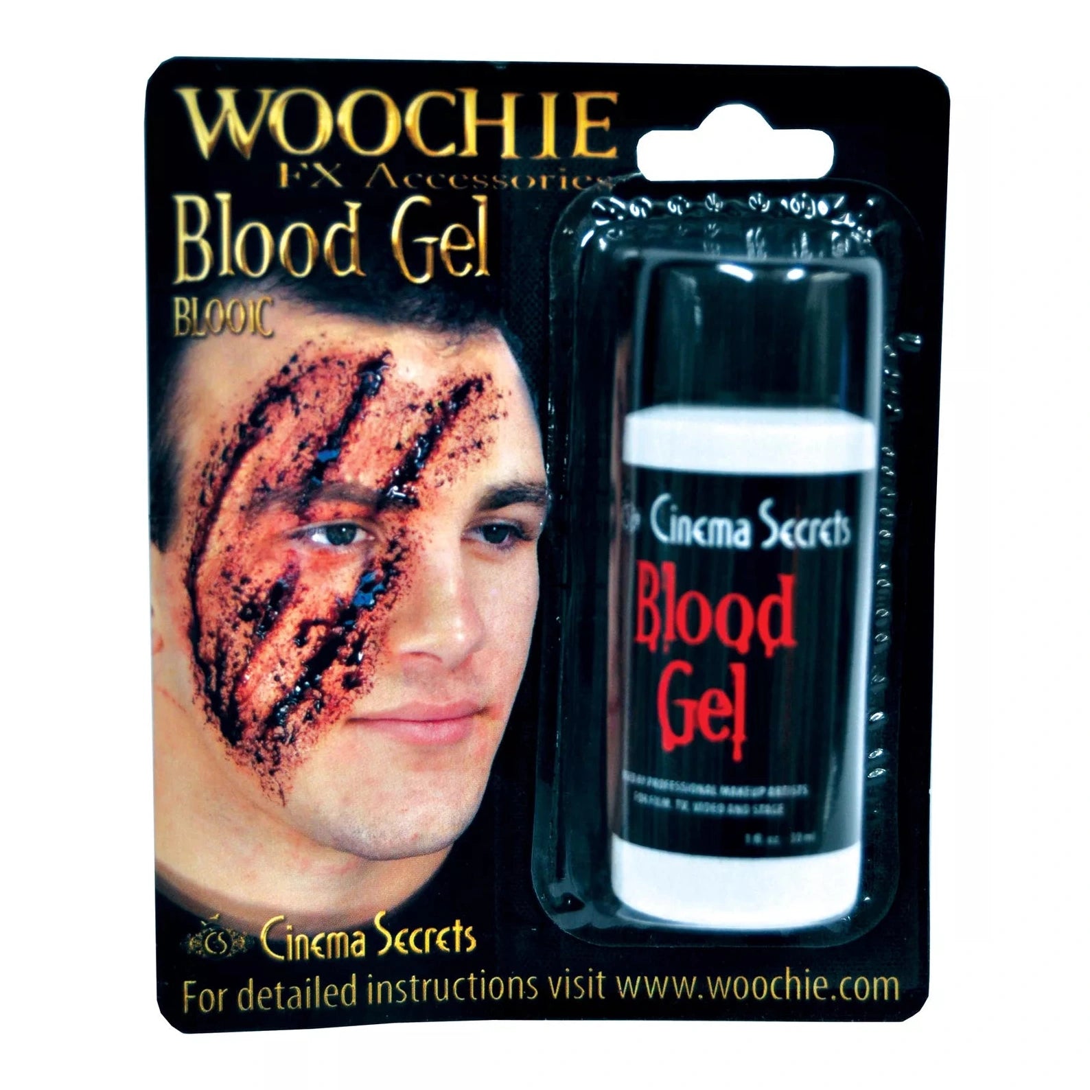 1oz carded Woochie Blood Gel, a professional-quality special effects makeup product for creating realistic blood effects for Halloween, theater, or film productions