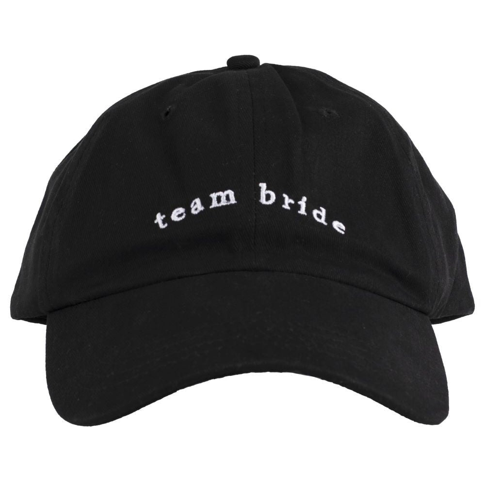 Close-up of Team Bride Black Cap with elegant embroidery and adjustable strap