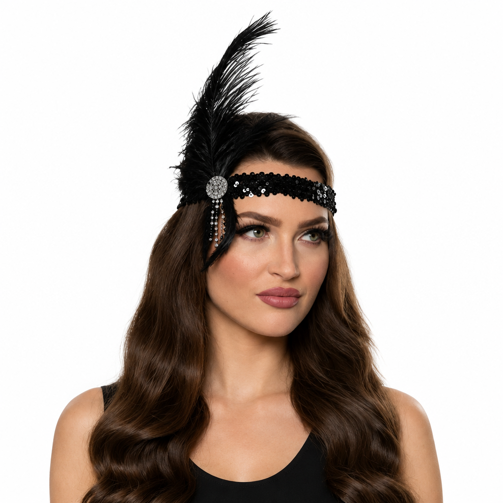 Website image of the woman wearing the Flapper Headband