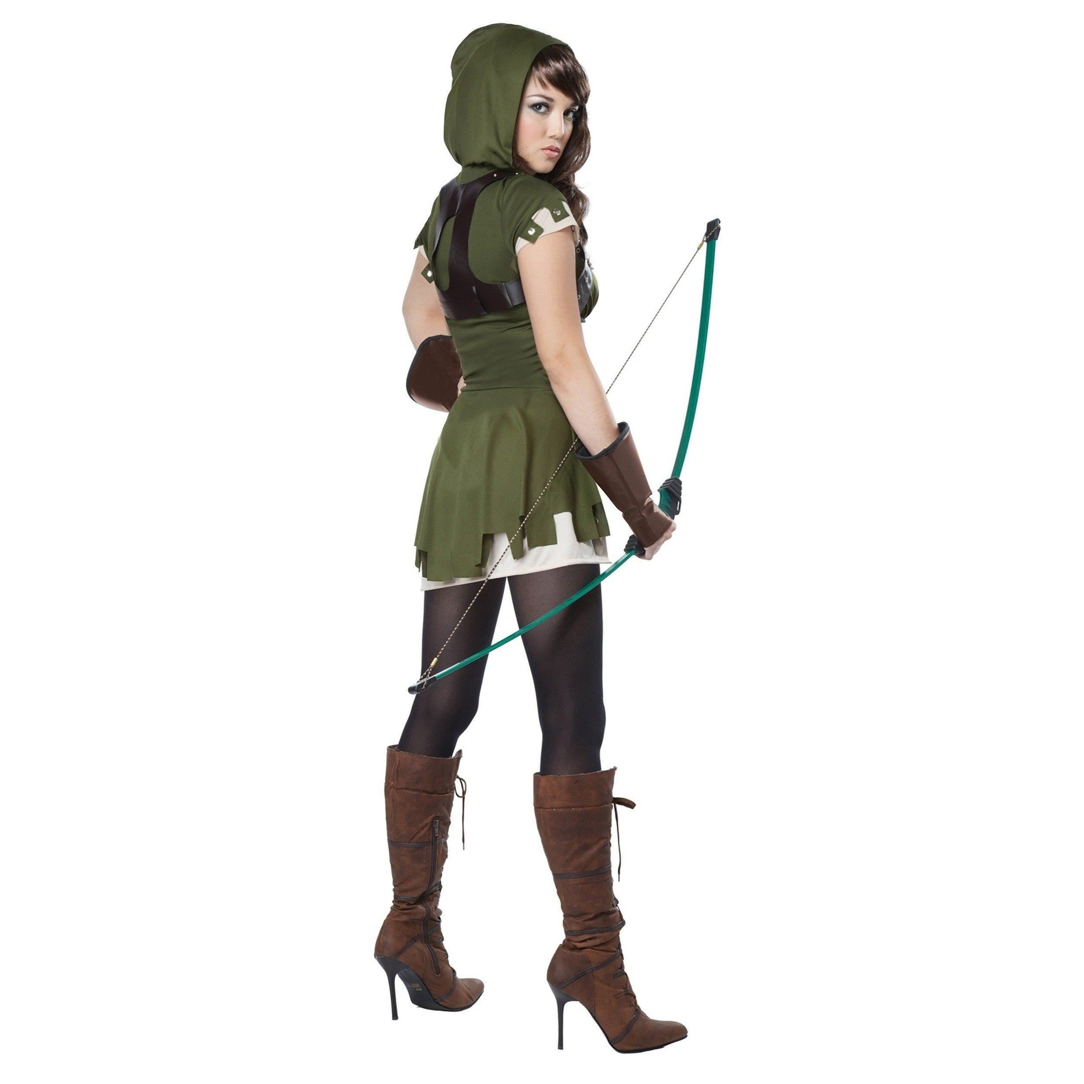 Two women wearing Lady Robin Hood Womens Costume posing with bow and arrow in the forest