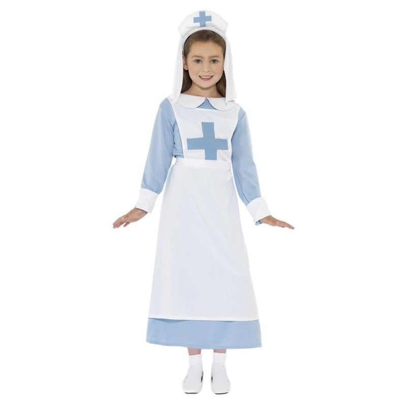 Vintage WW1 nurse costume with red cross emblem and white apron