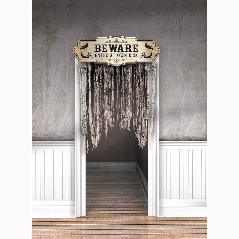 Dreadful Boneyard Halloween Party"Beware" Door Curtain Decoration - Jokers Costume Mega Store