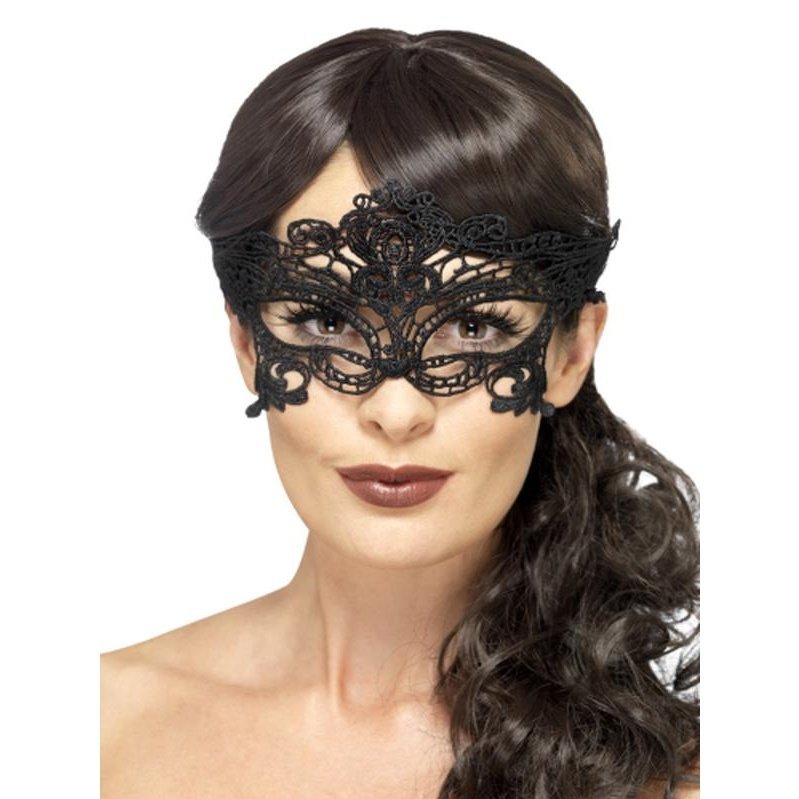 Embroidered Lace Filigree Heart Eyemask, Black - Jokers Costume Mega Store