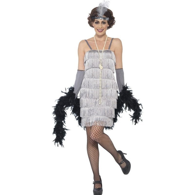 Flapper Costume, Silver, With Short Dress - Jokers Costume Mega Store